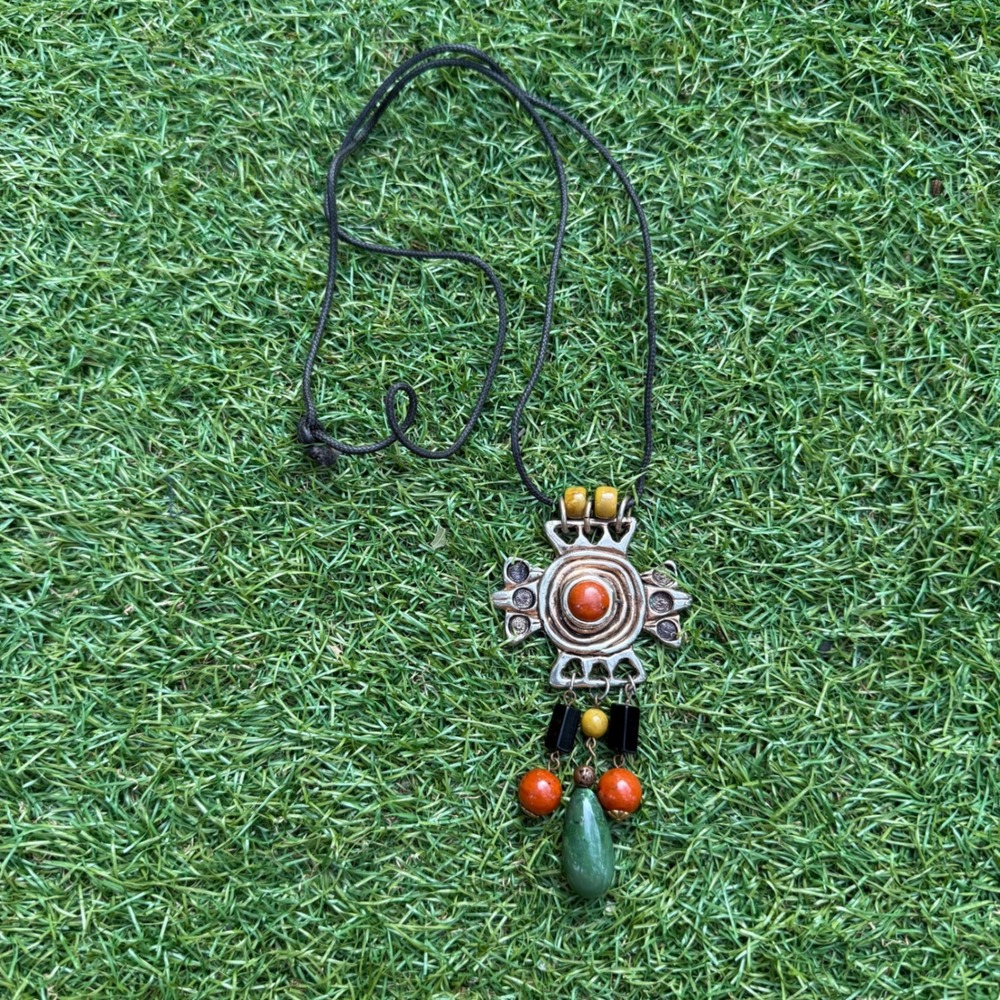 Vintage Ethnic Cross Pendant Necklace Boho Bohemian Colorful Stone Bead Cord